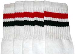 White tube socks with Red/Black stripes 